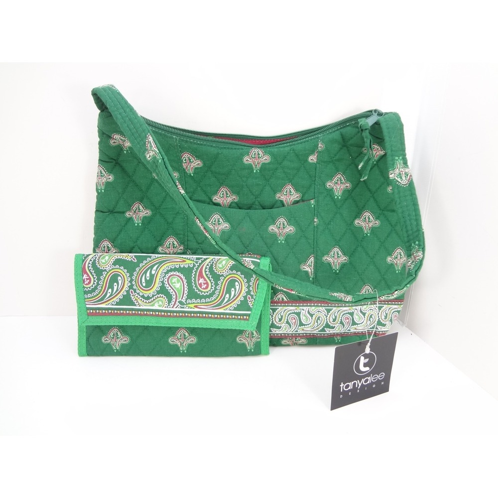 Tanyalee Design Green Quilted Paisley Shoulder Bag and Matching Wallet Set NWT